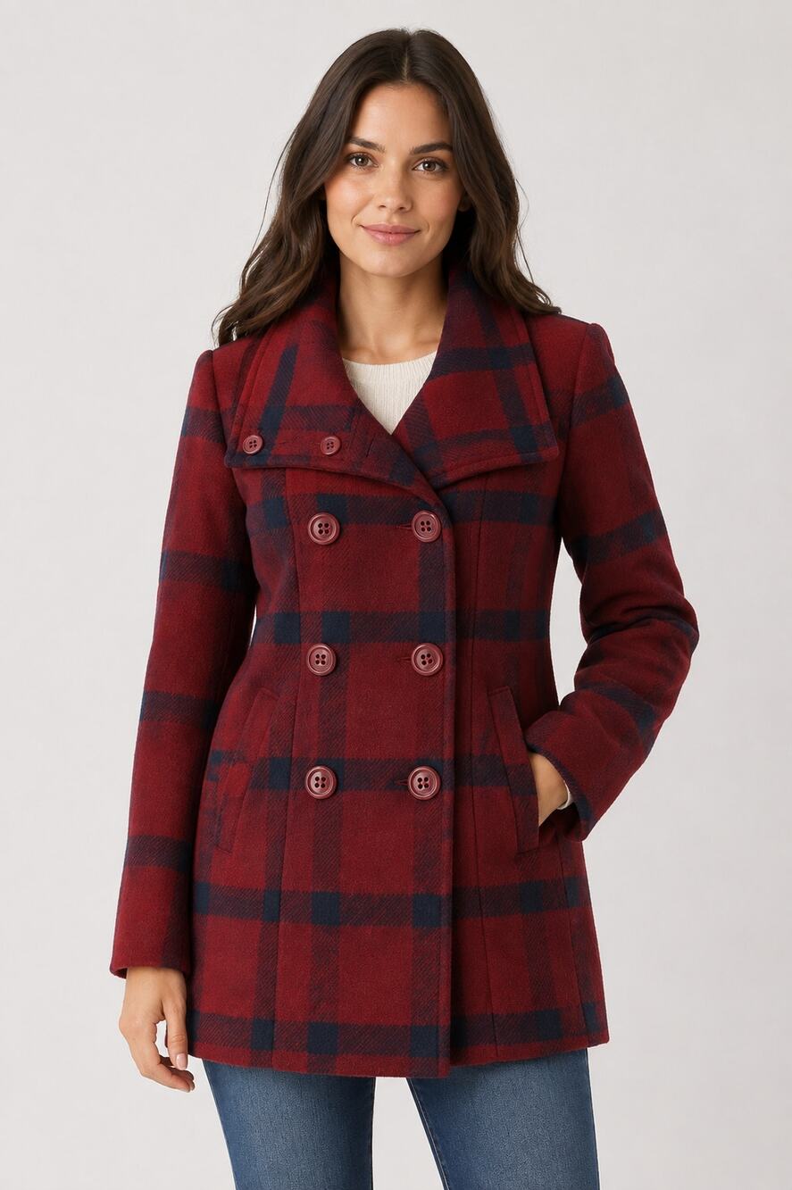 A. Byer Plaid Double Breasted Pea Coat Womens Small Burgundy Wine Red Winter